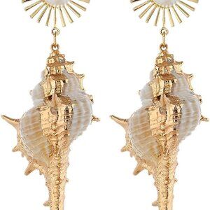 Large boho off-white seashell conch earrings with pearl detail, lightweight dang